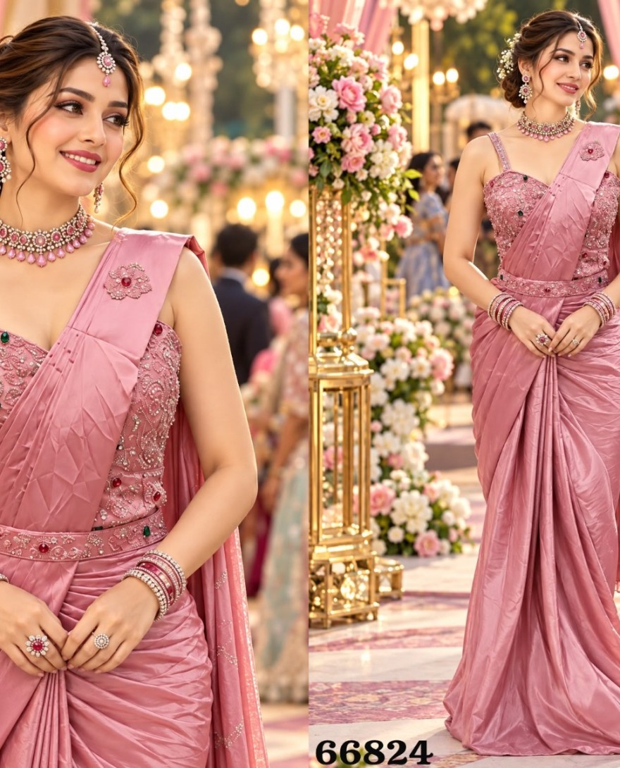PINK - Pink Satin Contemporary Saree with Beads and Embroidered Work